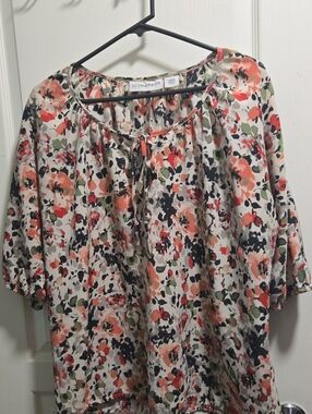 Sag Harbor Coral, Black & Olive Floral Tie-Neck Blouse
